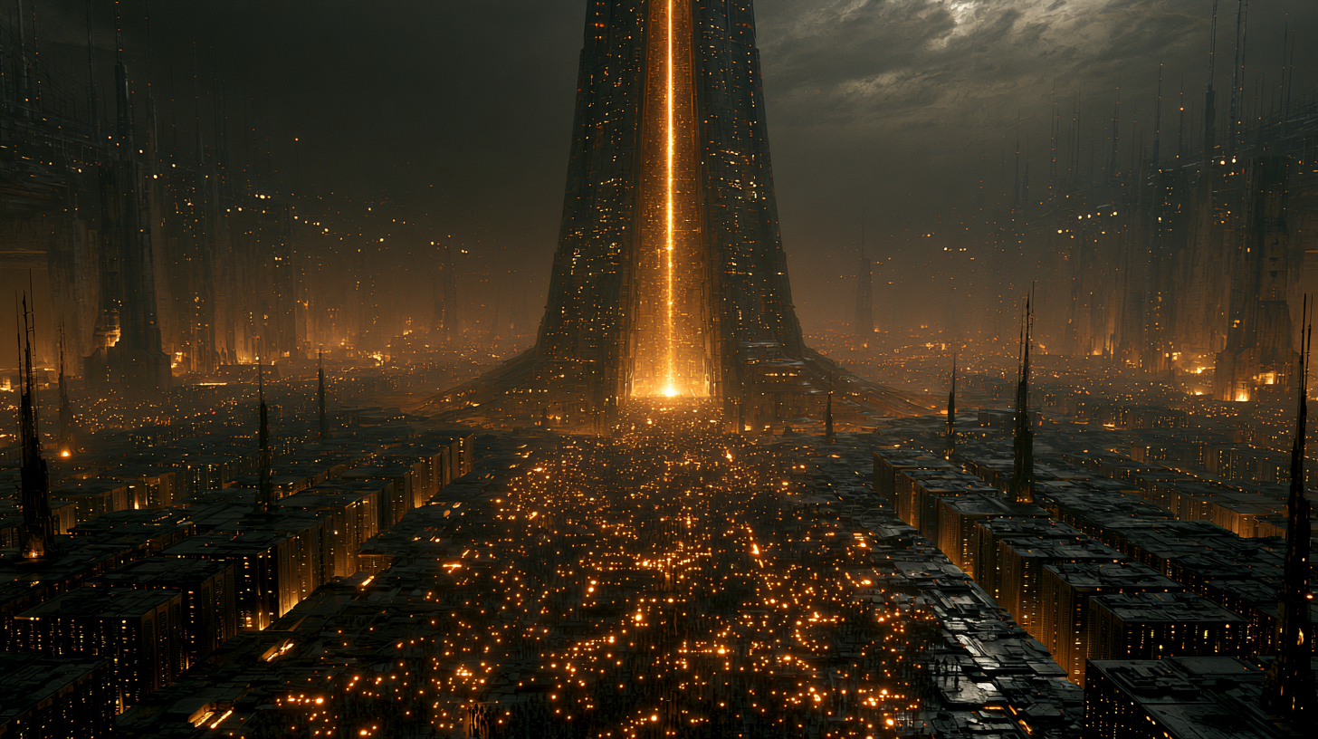 Concept art of an immense, speculative city beneath a luminous sky