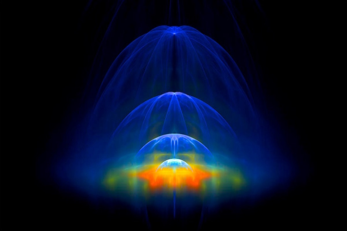 Luminous blue field unfolding across a dark background